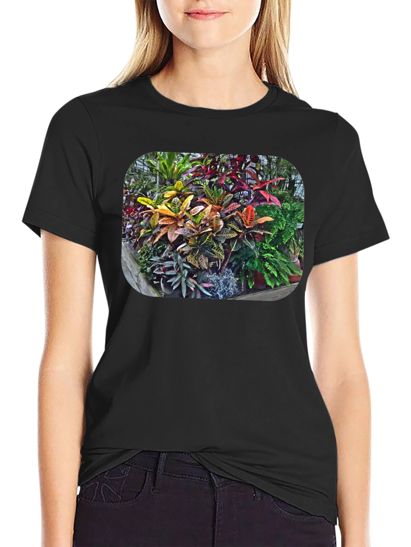 Tropical Plant Print T-Shirt - Black