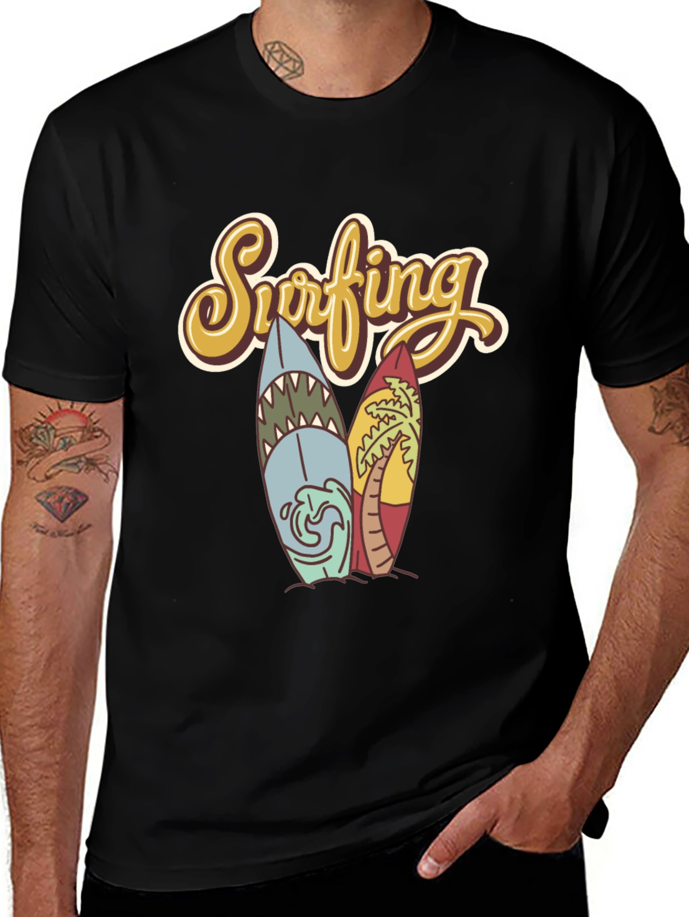 Retro Surfing T-Shirt - Shark & Palm Tree Surfboards