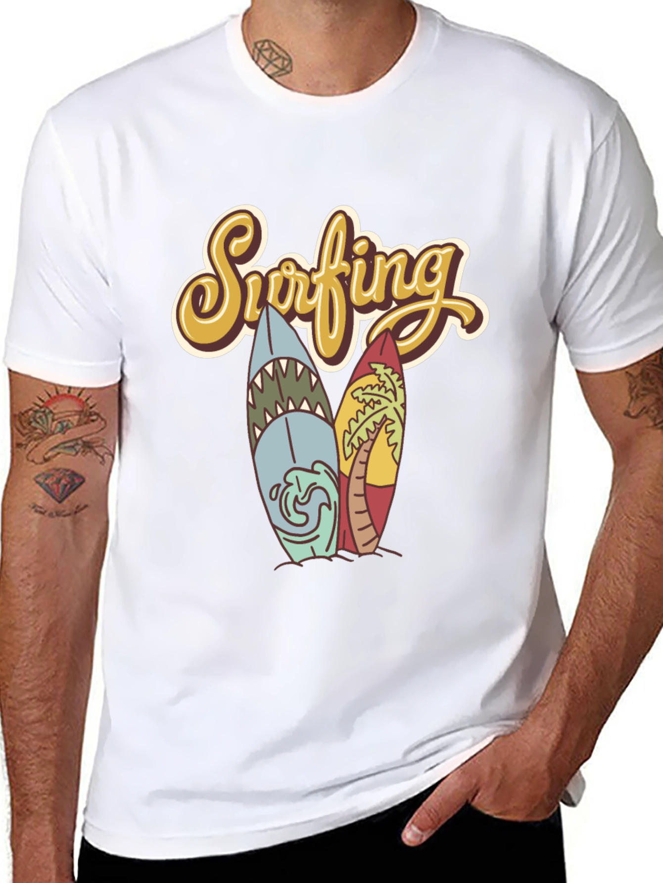 Retro Surfing T-Shirt - Shark & Palm Tree Surfboards