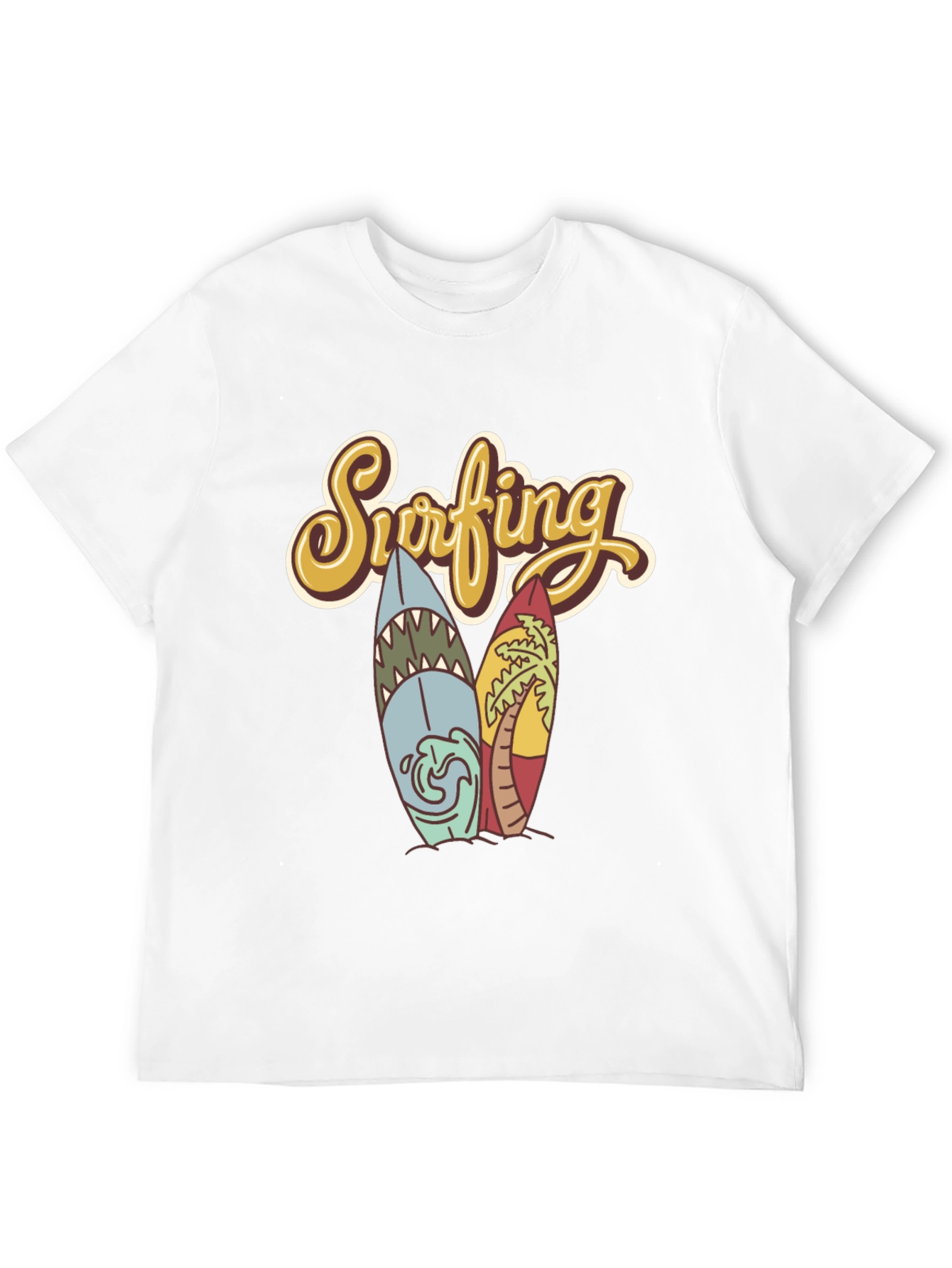 Retro Surfing T-Shirt - Shark & Palm Tree Surfboards
