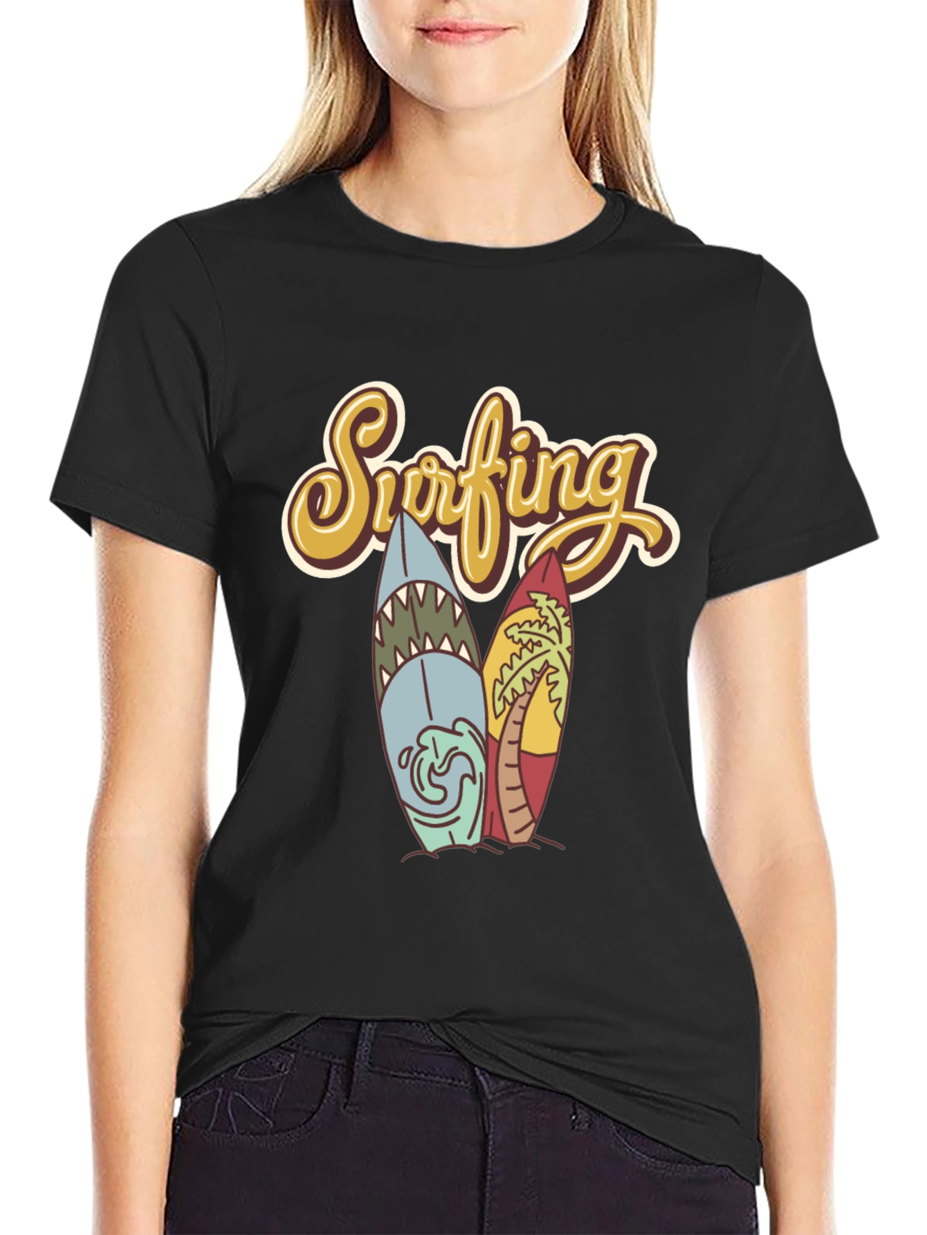 Retro Surfing T-Shirt - Shark & Palm Tree Surfboards