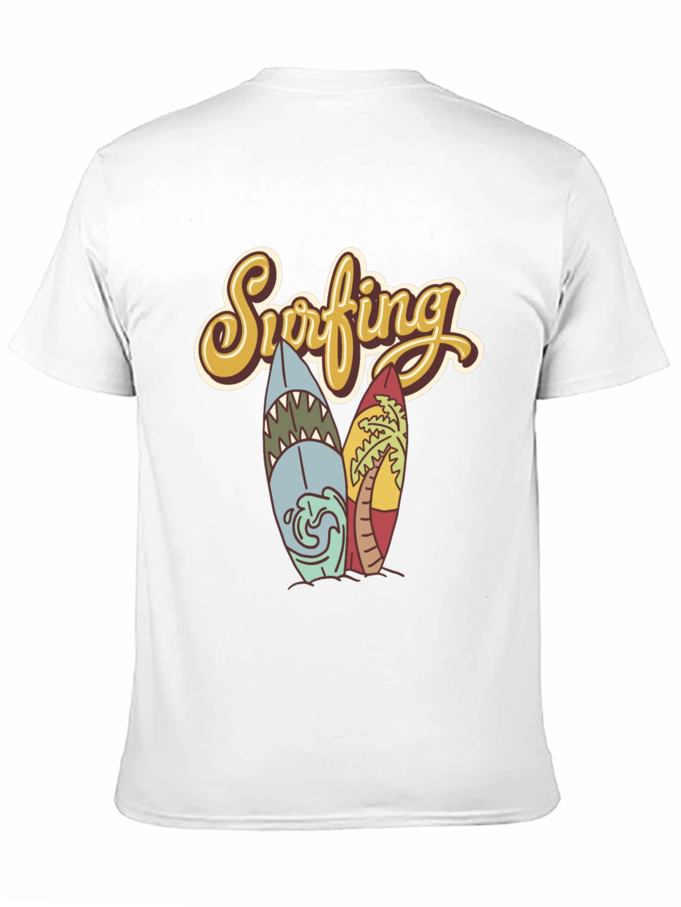 Retro Surfing T-Shirt - Shark & Palm Tree Surfboards