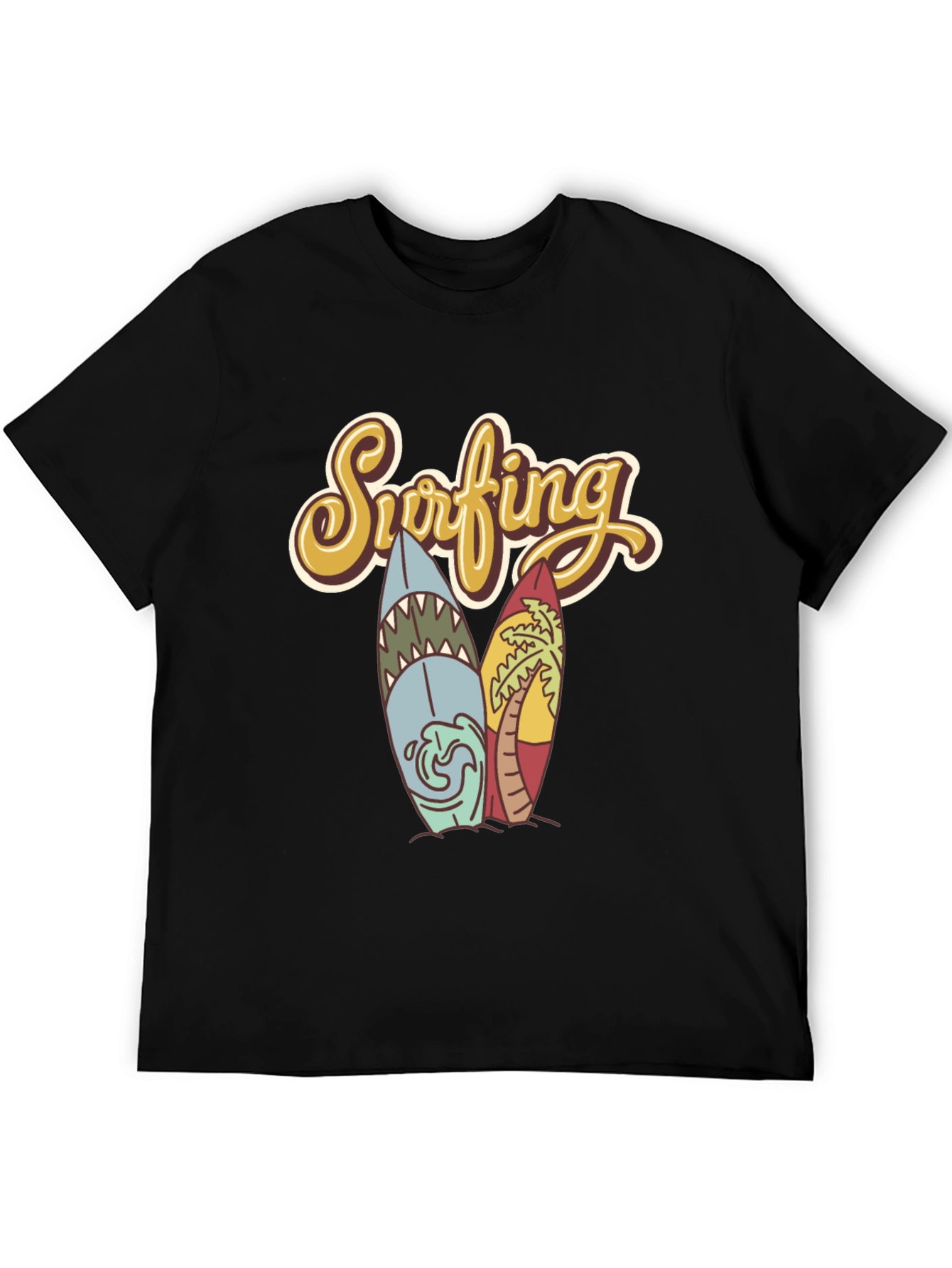 Retro Surfing T-Shirt - Shark & Palm Tree Surfboards