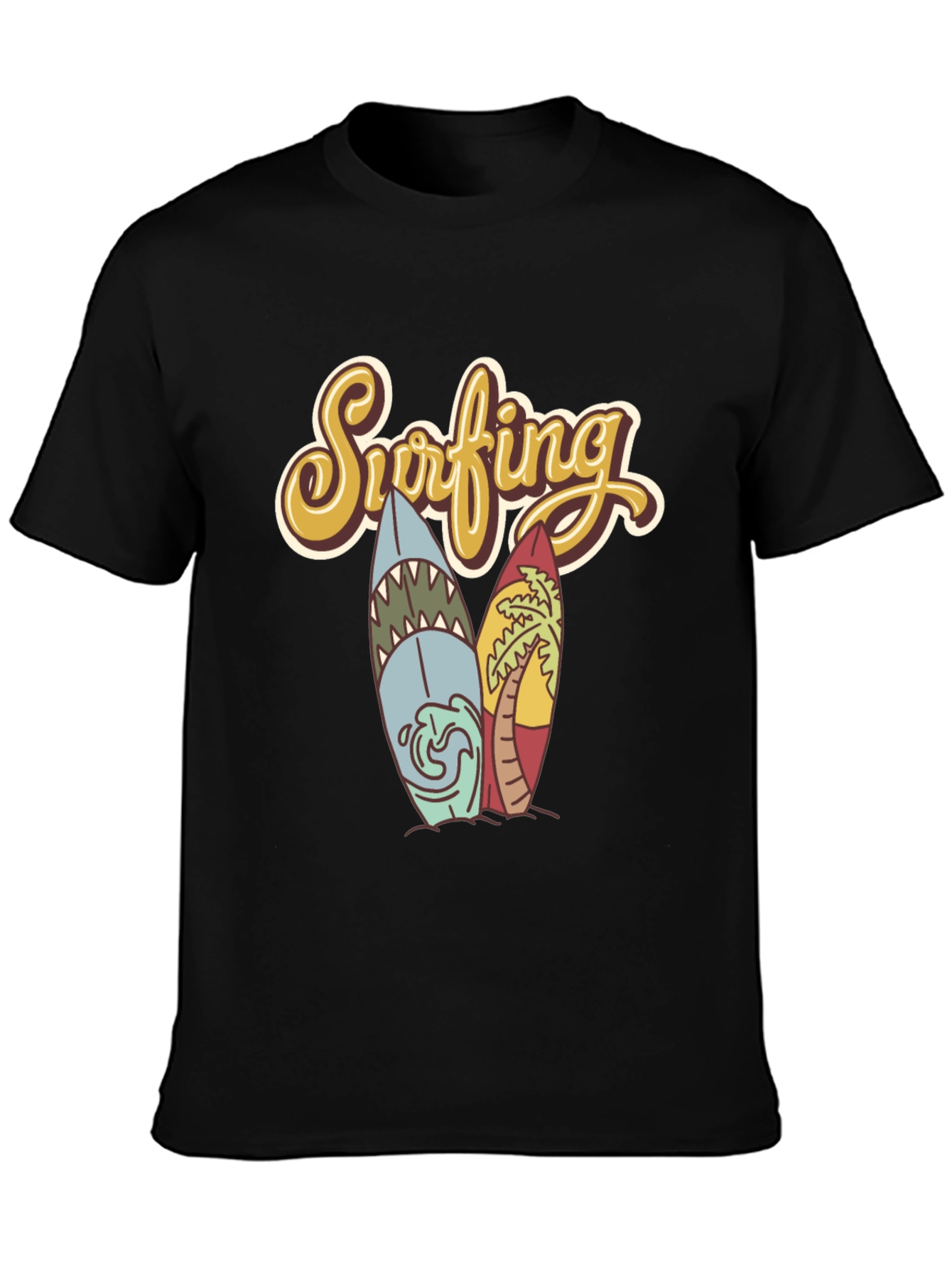 Retro Surfing T-Shirt - Shark & Palm Tree Surfboards
