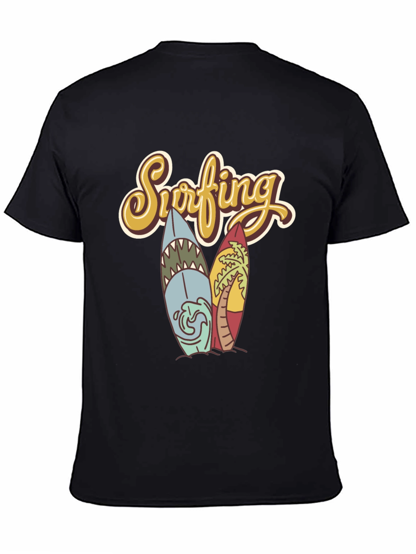 Retro Surfing T-Shirt - Shark & Palm Tree Surfboards