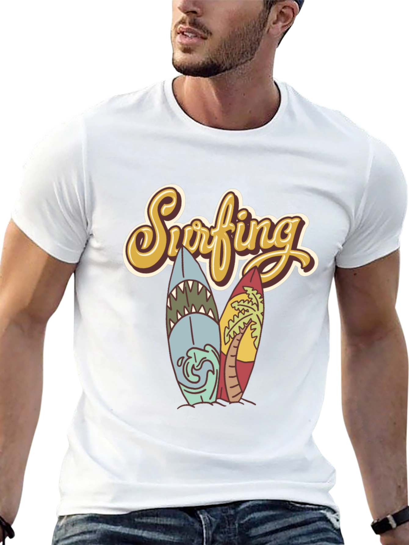 Retro Surfing T-Shirt - Shark & Palm Tree Surfboards