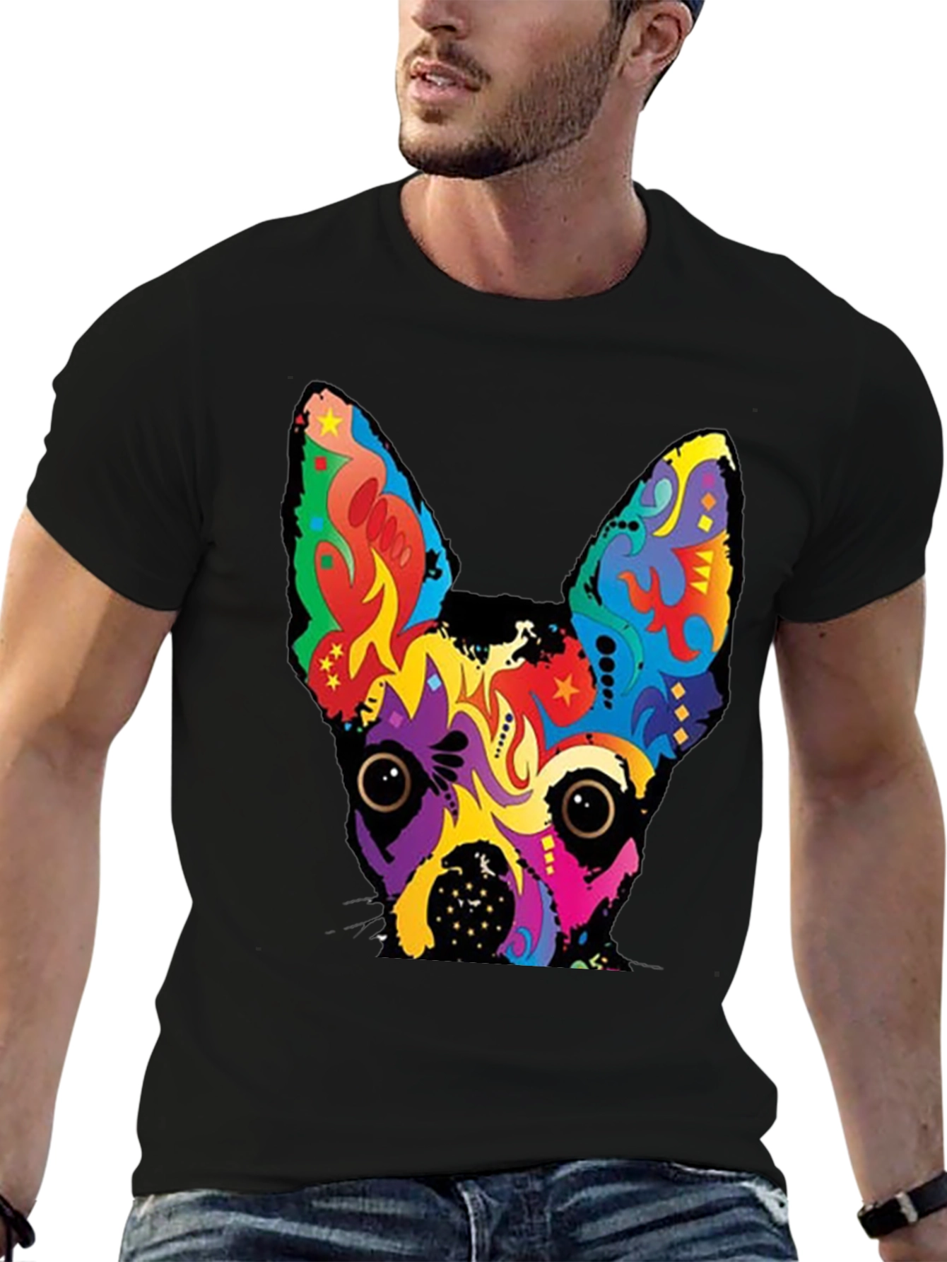 Psychedelic Dog Graphic Tee - Bold Black Cotton T-Shirt