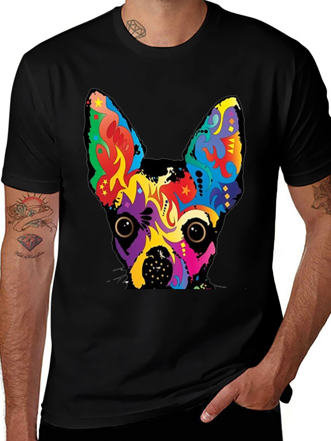 Psychedelic Dog Graphic Tee - Bold Black Cotton T-Shirt