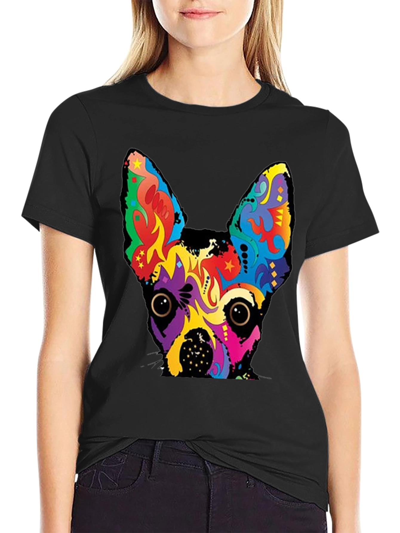 Psychedelic Dog Graphic Tee - Bold Black Cotton T-Shirt