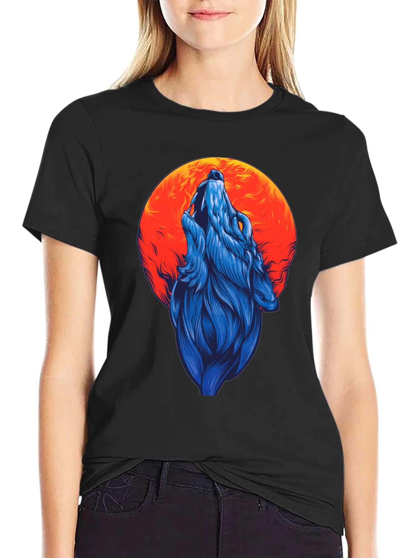 Wolf Howling at Moon Graphic Tee - Black