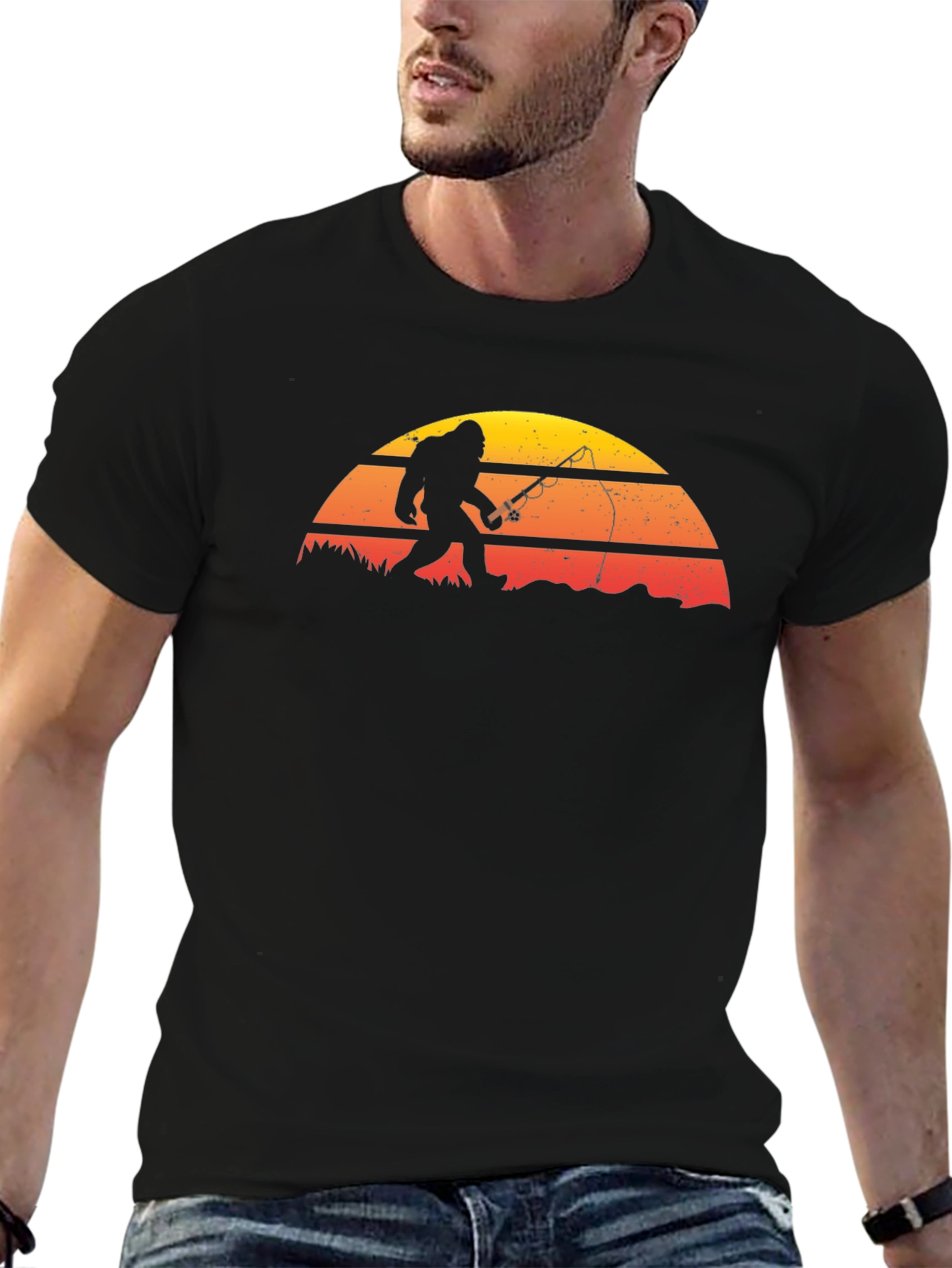 Bigfoot Fishing Sunset Graphic T-Shirt