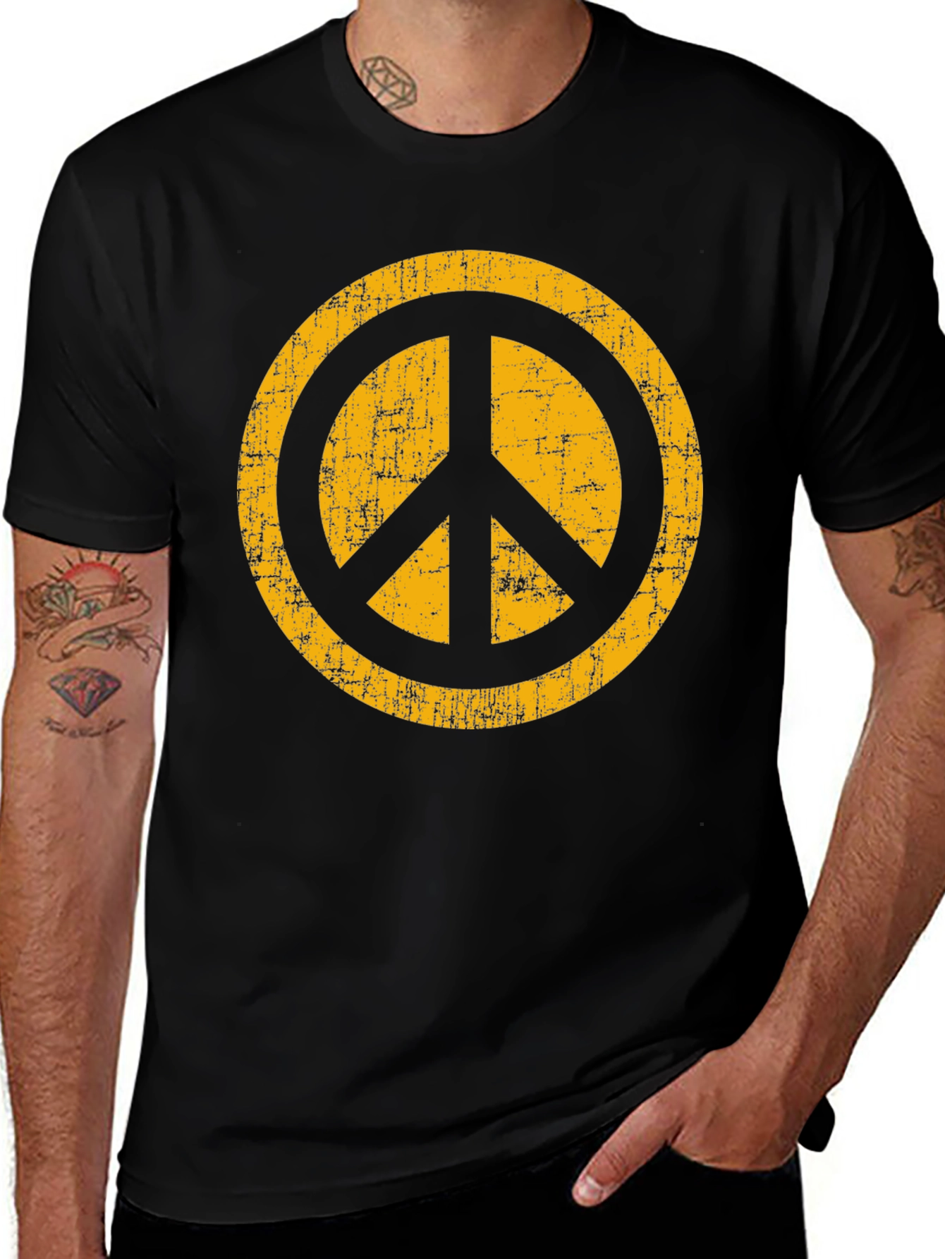Retro Peace Sign Graphic Tee - Black Cotton T-Shirt