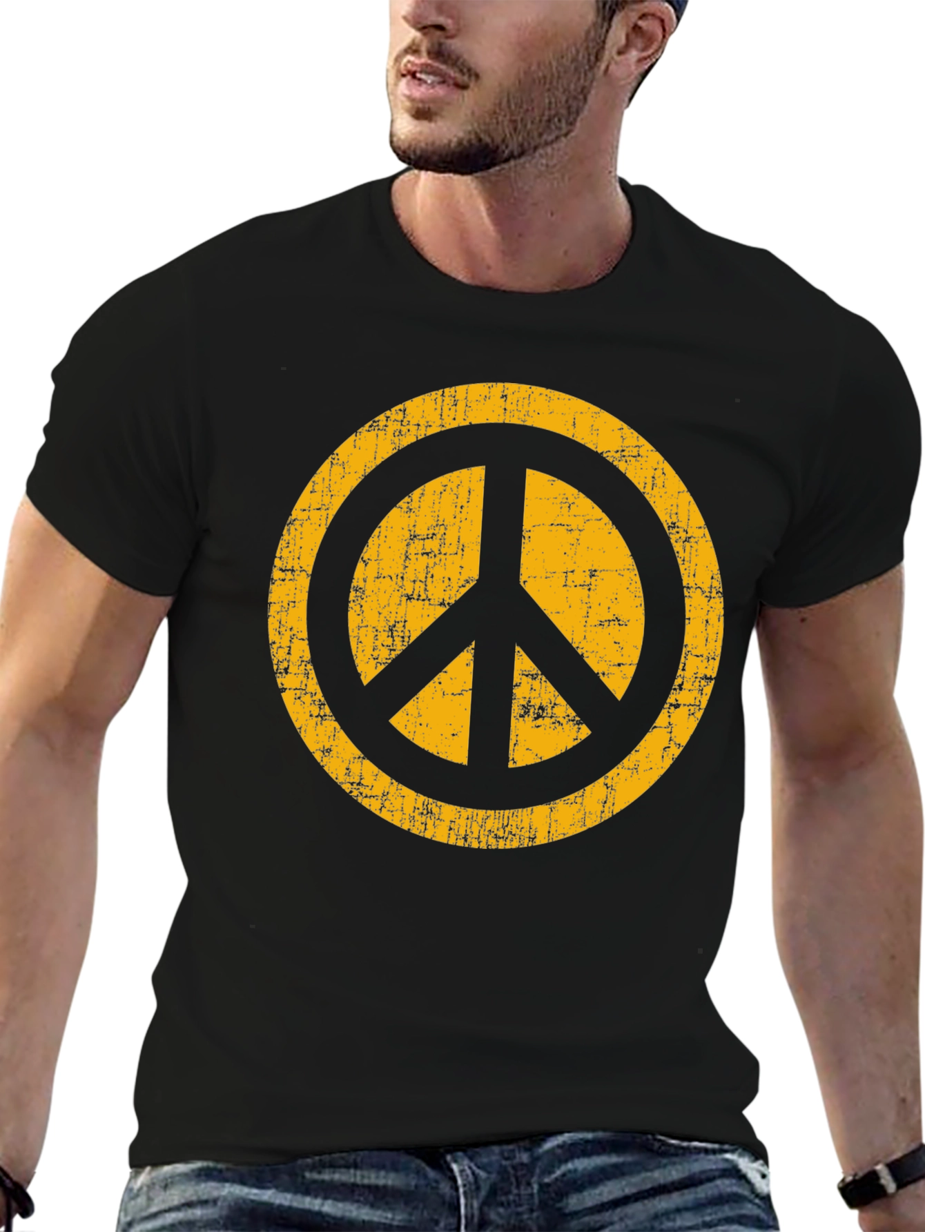 Retro Peace Sign Graphic Tee - Black Cotton T-Shirt