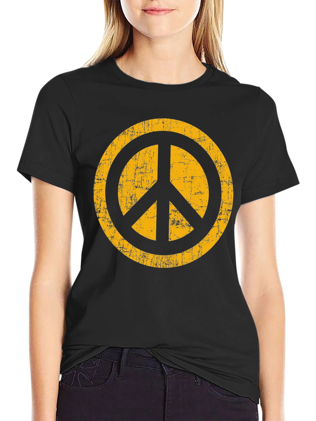 Retro Peace Sign Graphic Tee - Black Cotton T-Shirt