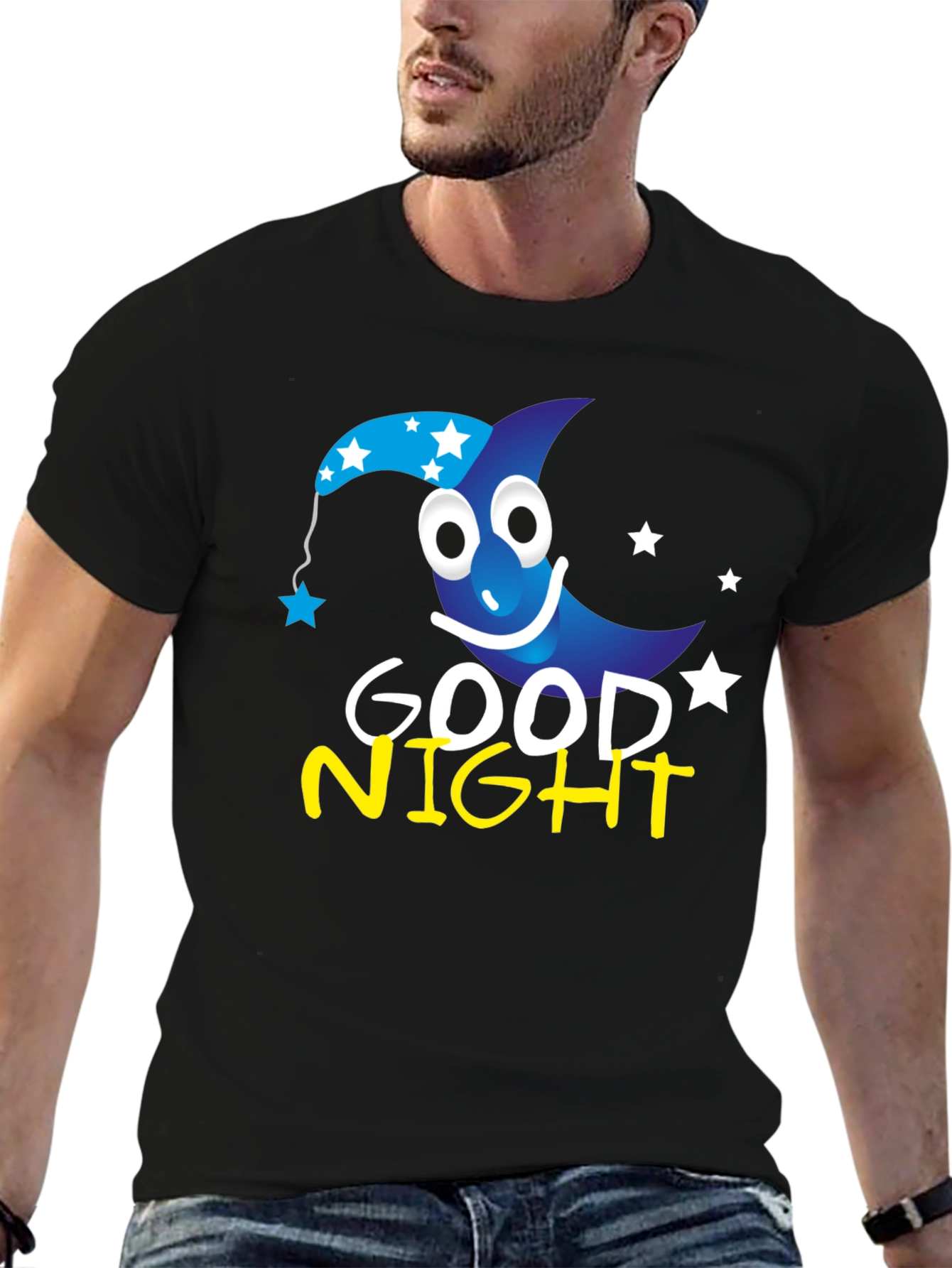 Good Night Cartoon Moon Black T-Shirt