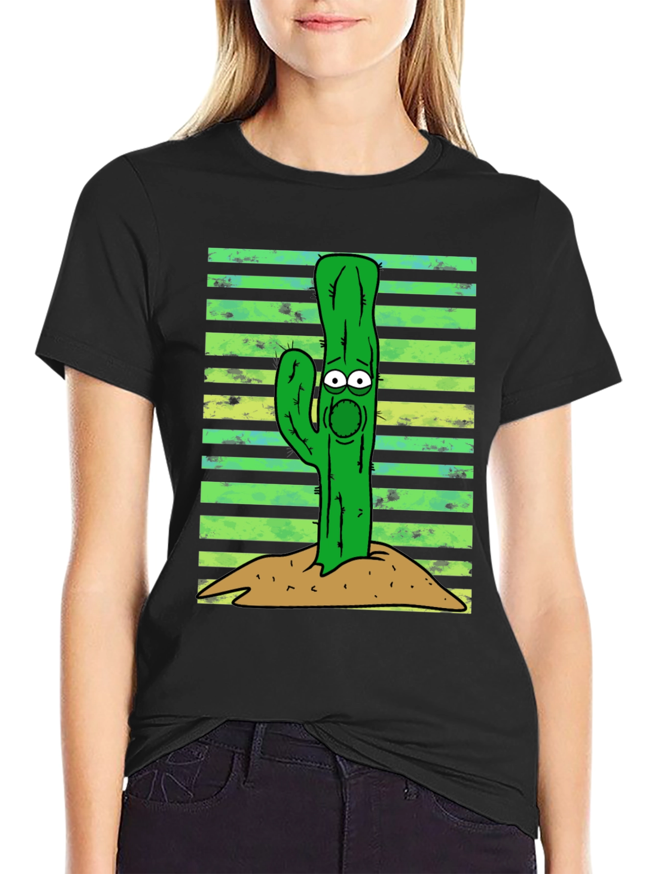 Cartoon Cactus Graphic Tee - Unisex Black T-Shirt