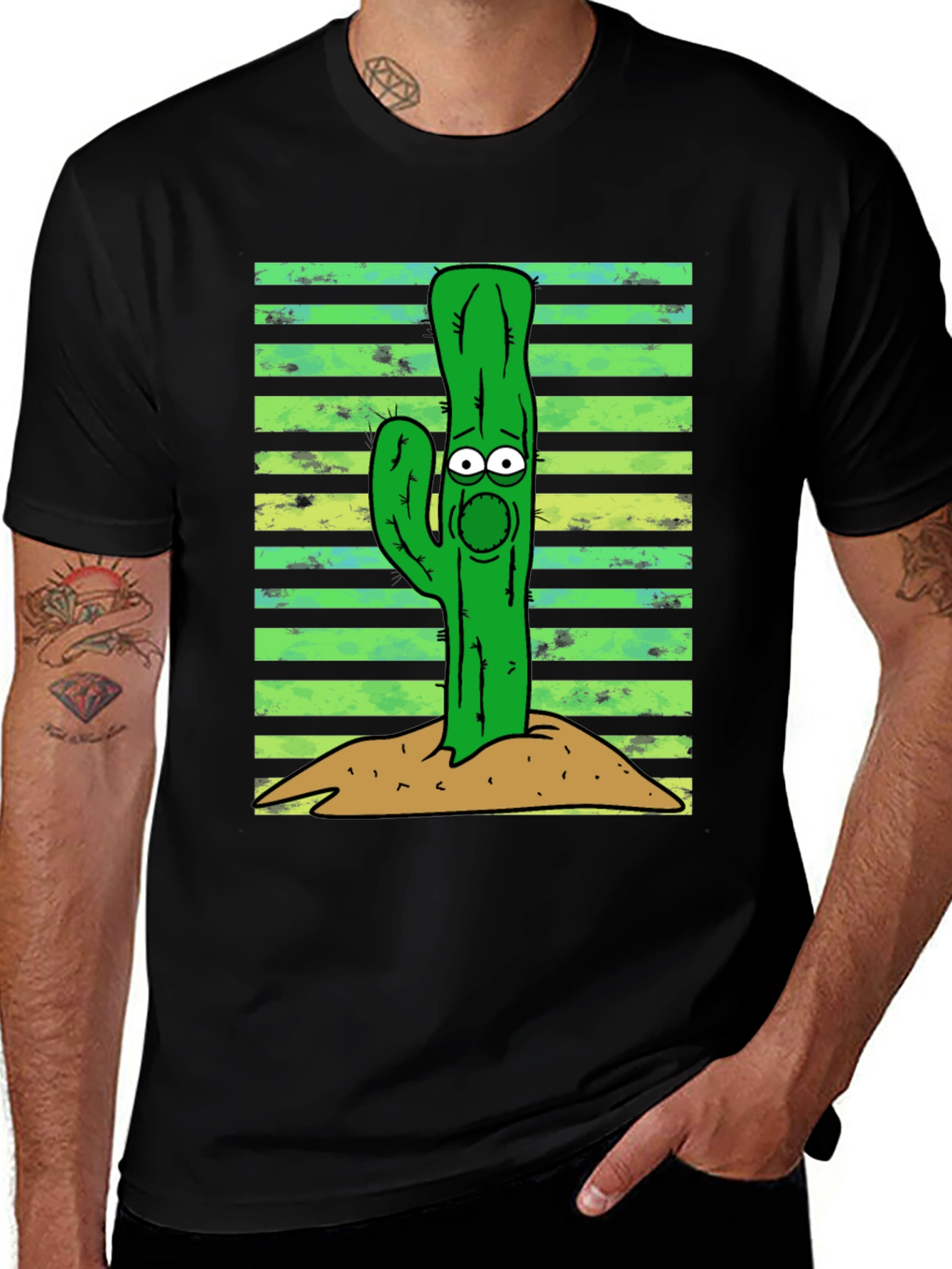Cartoon Cactus Graphic Tee - Unisex Black T-Shirt