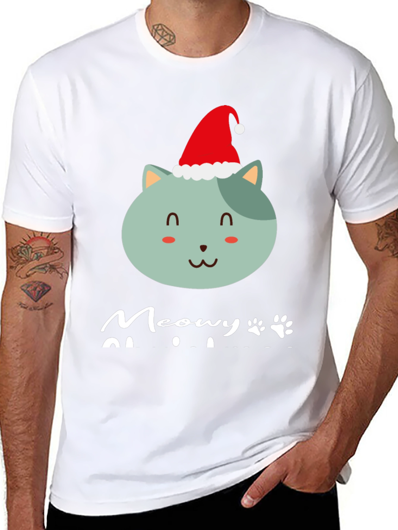 Meowy Christmas T-Shirt - Cute Cat in Santa Hat