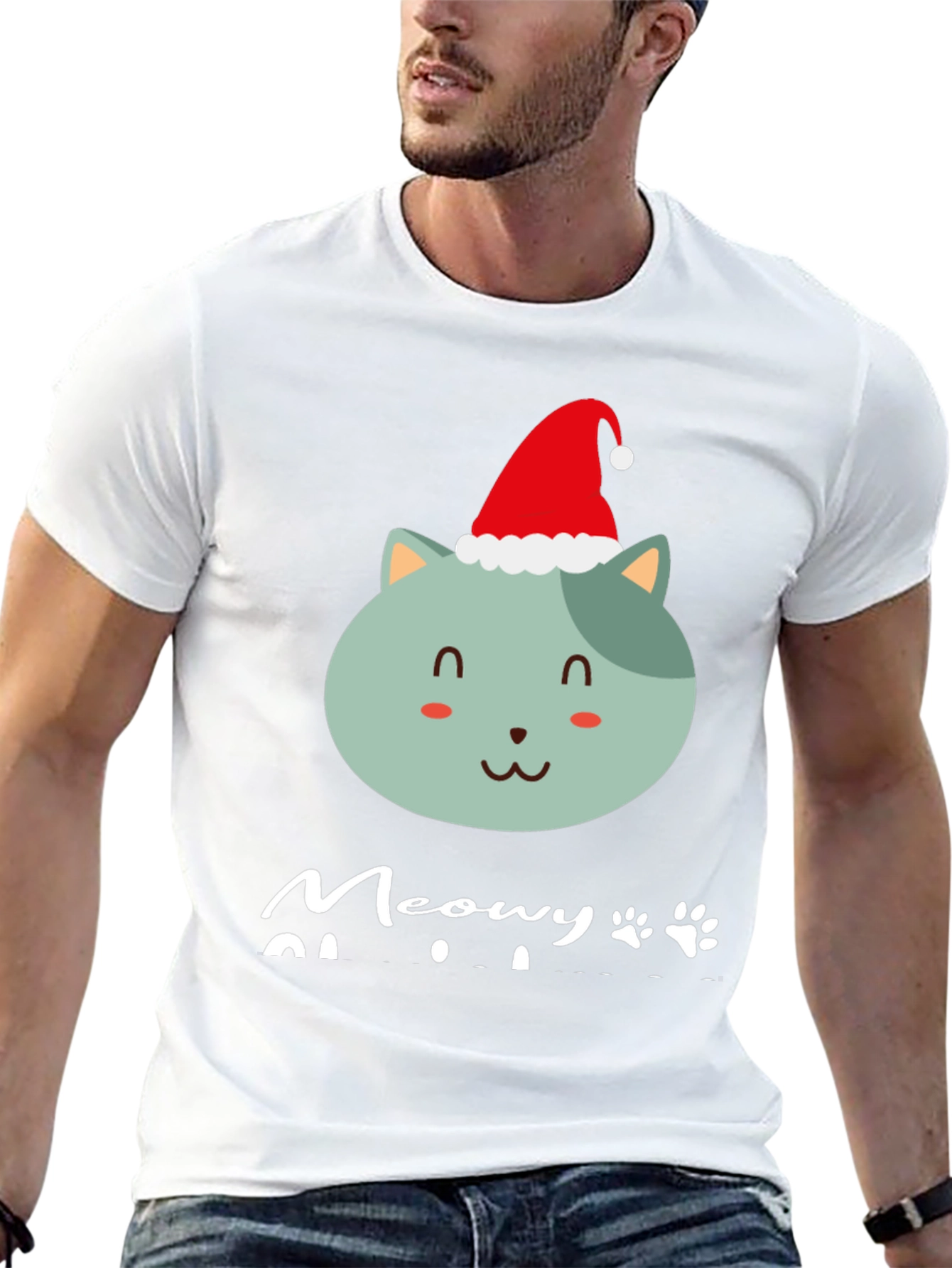 Meowy Christmas T-Shirt - Cute Cat in Santa Hat