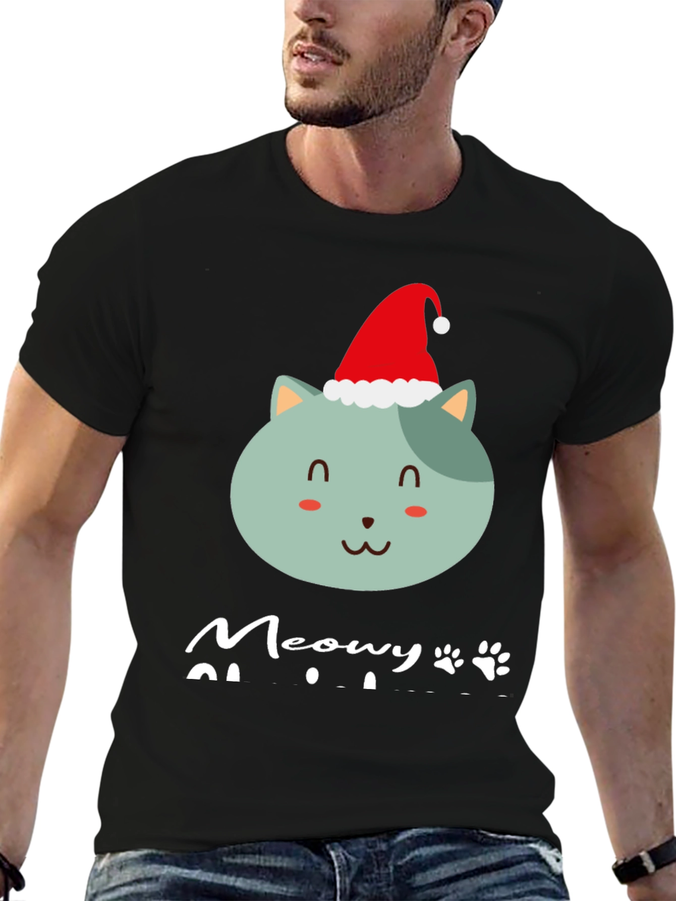 Meowy Christmas T-Shirt - Cute Cat in Santa Hat
