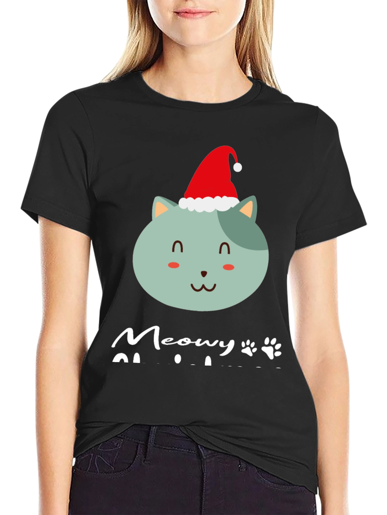 Meowy Christmas T-Shirt - Cute Cat in Santa Hat