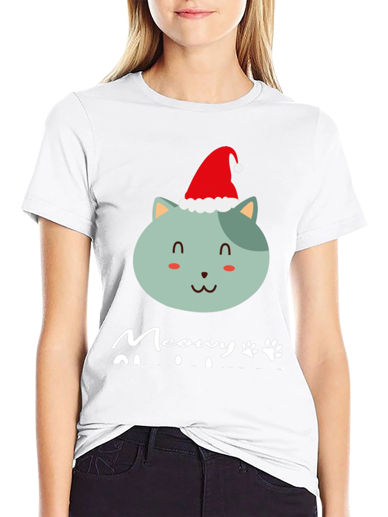 Meowy Christmas T-Shirt - Cute Cat in Santa Hat