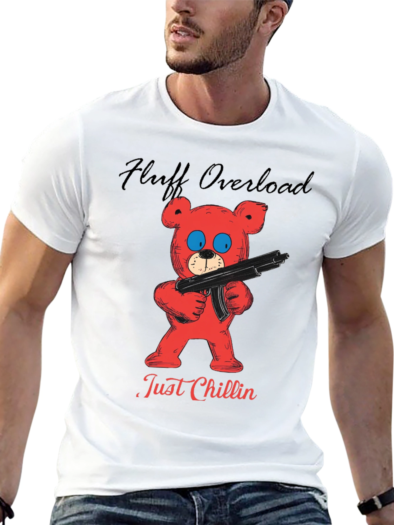 Fluff Overload T-Shirt: Red Bear with Gun