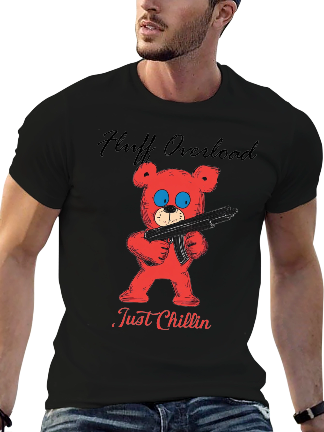 Fluff Overload T-Shirt: Red Bear with Gun