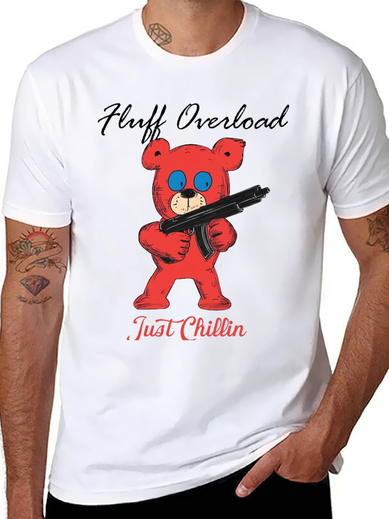 Fluff Overload T-Shirt: Red Bear with Gun