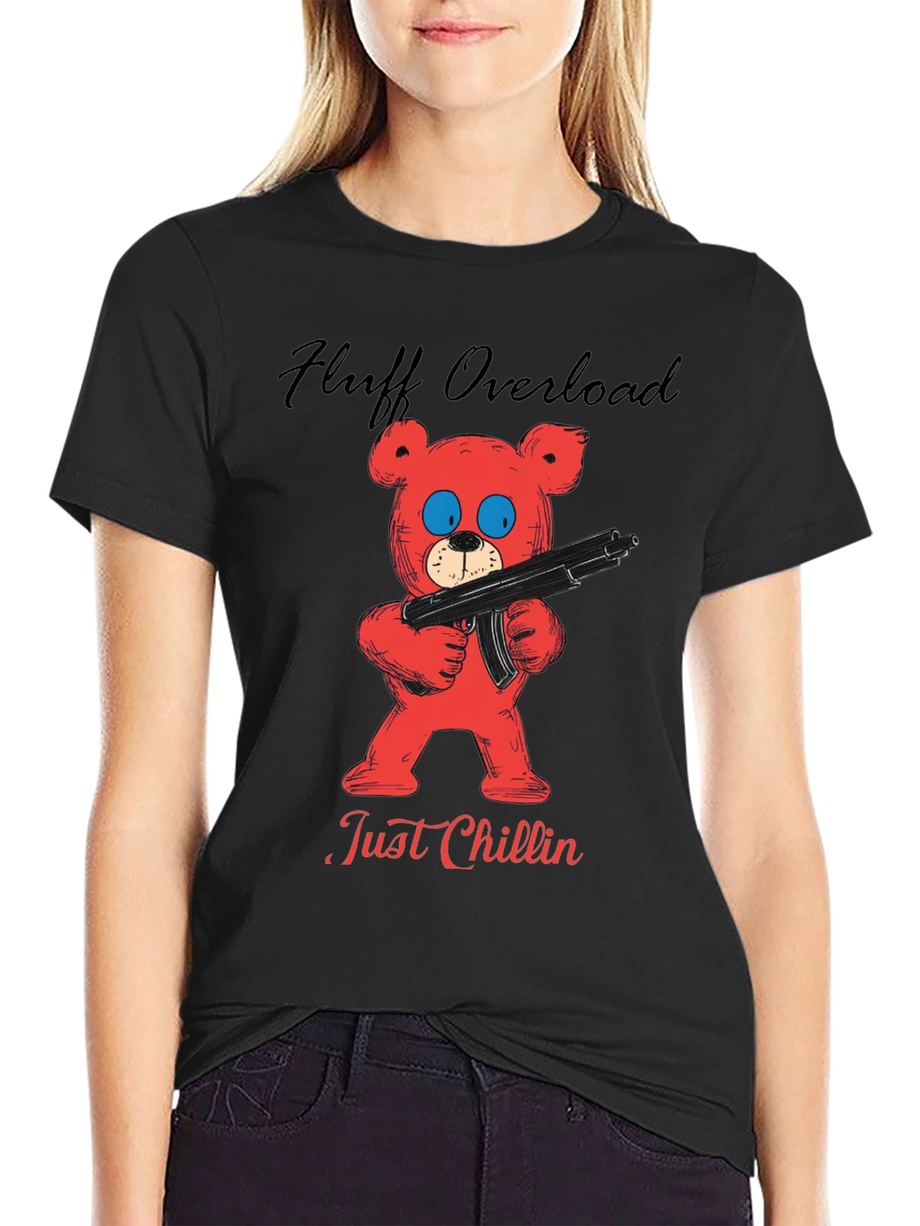 Fluff Overload T-Shirt: Red Bear with Gun
