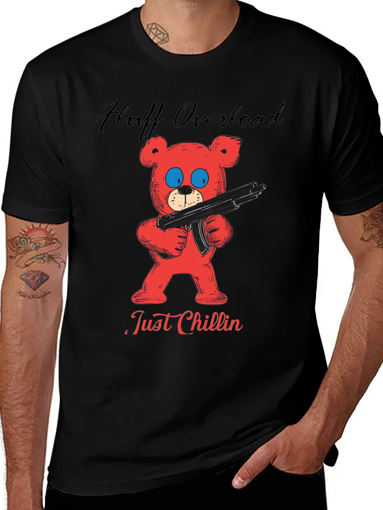 Fluff Overload T-Shirt: Red Bear with Gun